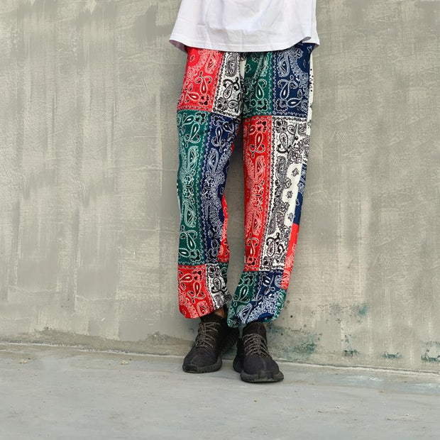 Colorblock cashew print elastic waistband casual fashion brand autumn loose trousers