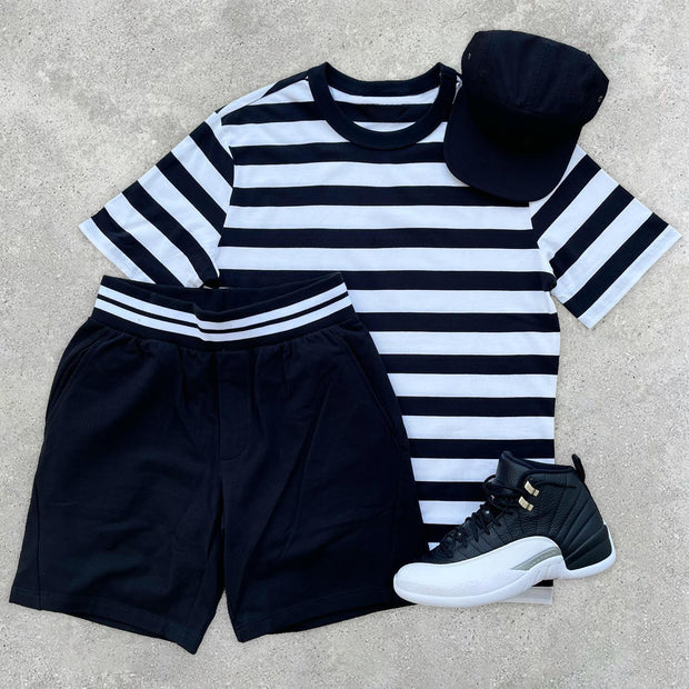 Fashion personality college style striped short-sleeved shorts two-piece set
