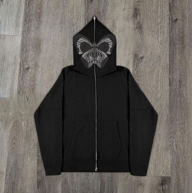 Retro Fashion Butterfly Print Full Zip Long Sleeve Hoodie