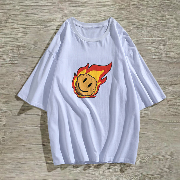 Round neck flame smiley print short-sleeved T-shirt