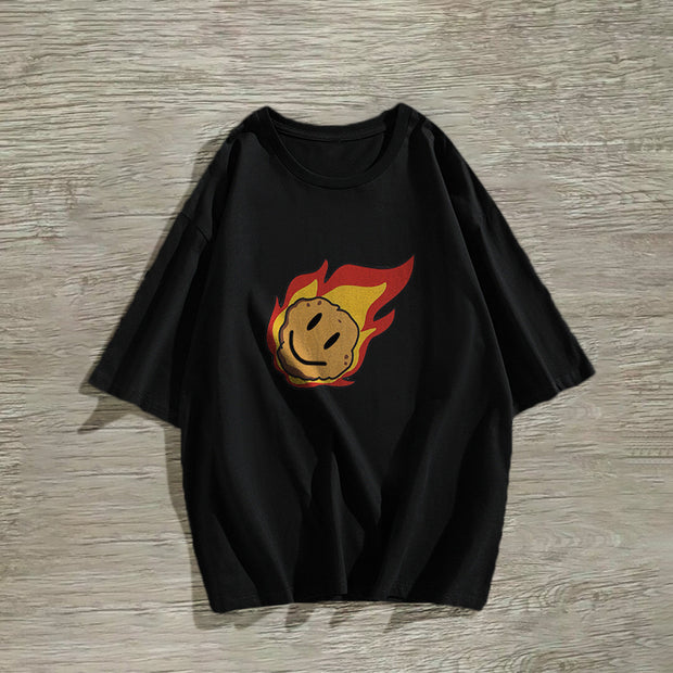 Round neck flame smiley print short-sleeved T-shirt