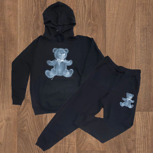 Cute bear print hoodie pants suit