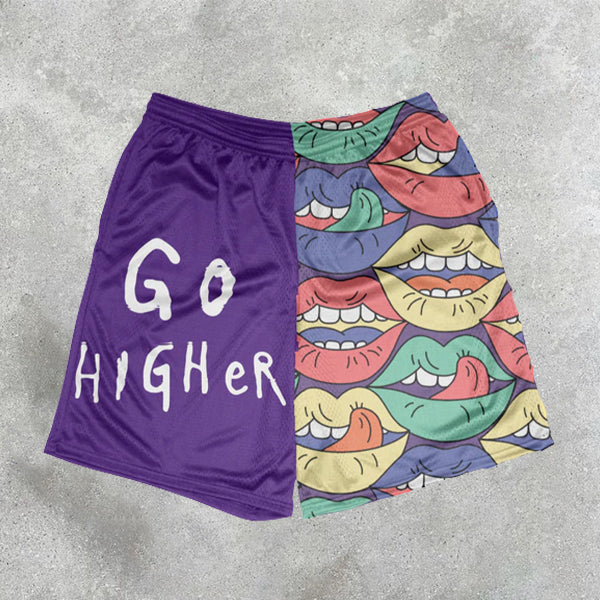 Mouth Graphic Print Colorblock Elastic Shorts