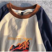 Retro Snow Mountain Raglan Sleeve Half Sleeve Stitching Short Sleeve T-shirt