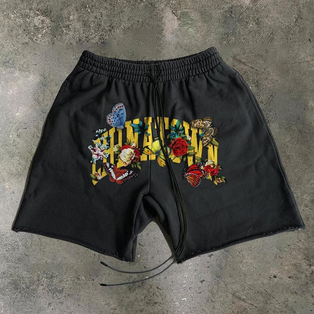 Street text print butterfly track shorts
