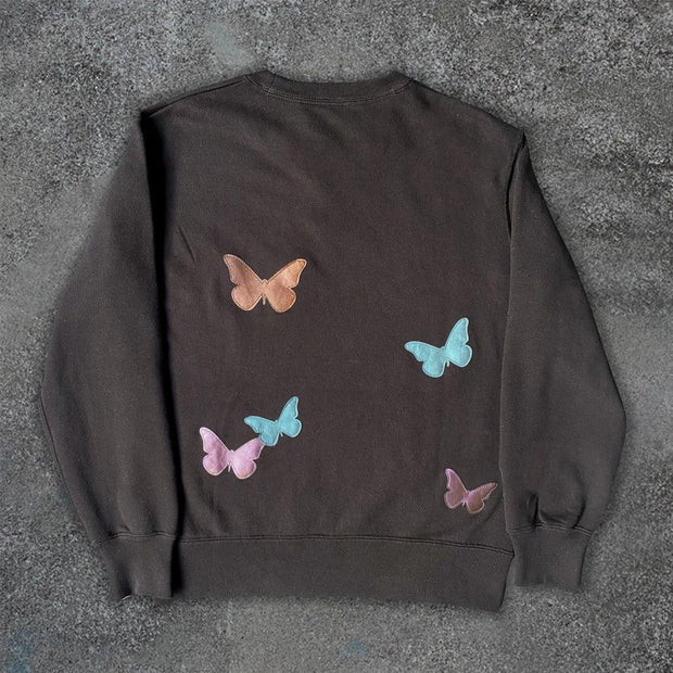 Fashion Butterfly Print Round Neck Long Sleeve Sweatshirt