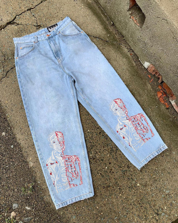 Fashion Casual Loose Straight Printed Denim Trousers