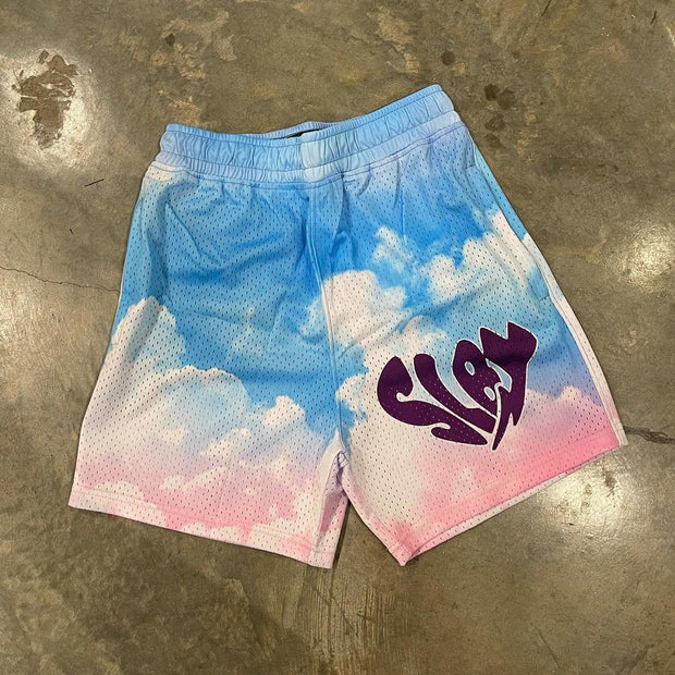 Personalized leisure sports blue sky and white cloud printed mesh shorts