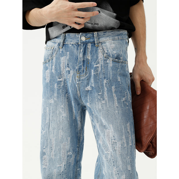 Frayed design straight leg fashion loose casual jeans men