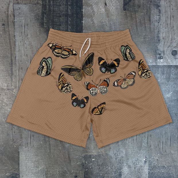 Trendy Khaki Butterfly Print Vintage Street Shorts