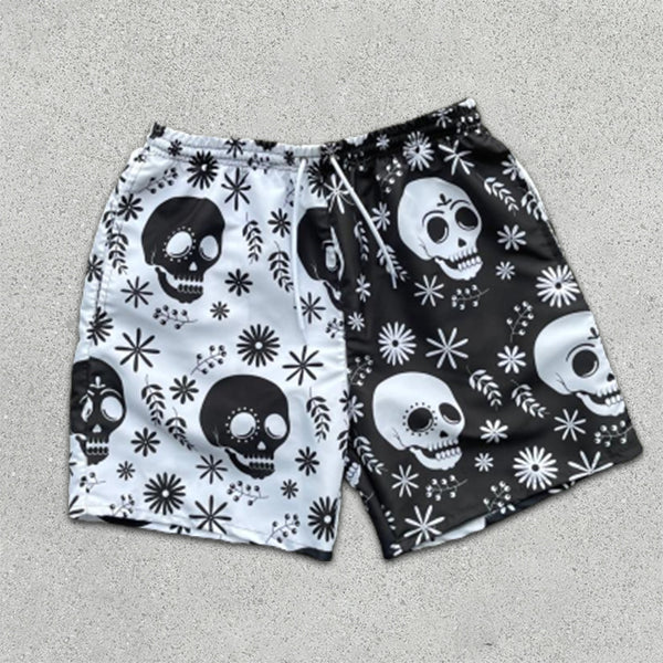 Skull Graphic Print Colorblock Elastic Shorts
