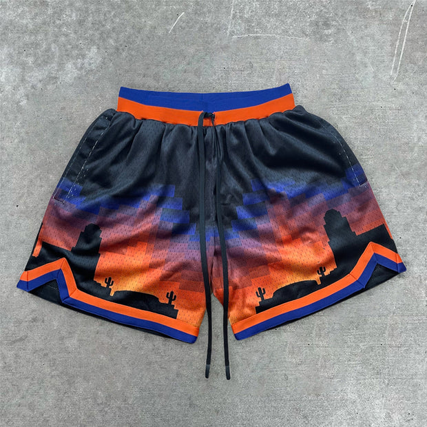 Fashionable Sport Print Colorblock Basketball Shorts