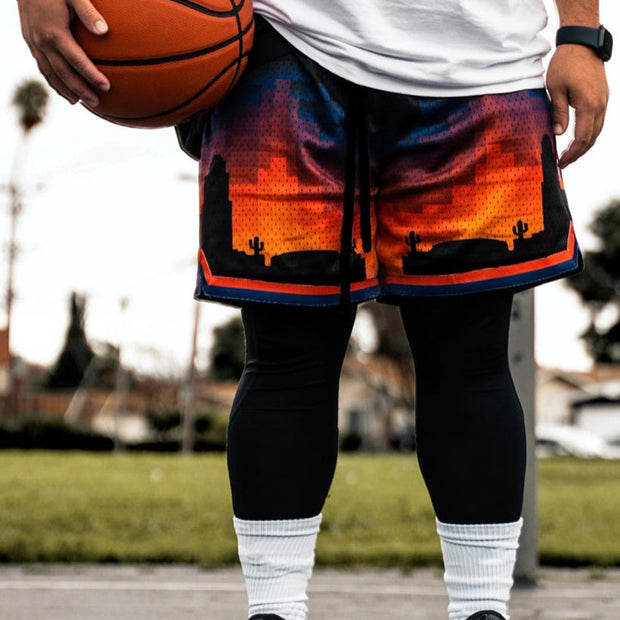 Fashionable Sport Print Colorblock Basketball Shorts