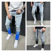 Flaming hole scratched print contrast colorblock sskinny jeans