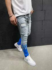 Flaming hole scratched print contrast colorblock sskinny jeans