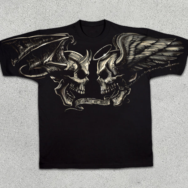 Skull Demon and Angel Print Short Sleeve T-Shirt