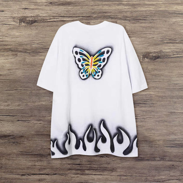 Fashion flame butterfly retro print T-shirt