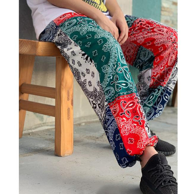 Colorblock cashew print elastic waistband casual fashion brand autumn loose trousers