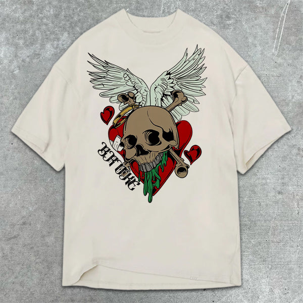 Skull Heart Wings Graphic Print Short Sleeve T-Shirt