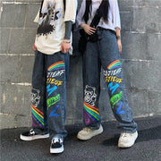 Graffiti jeans men's loose straight pants high street ins tide net red handsome casual trousers
