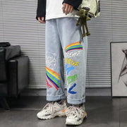 Graffiti jeans men's loose straight pants high street ins tide net red handsome casual trousers