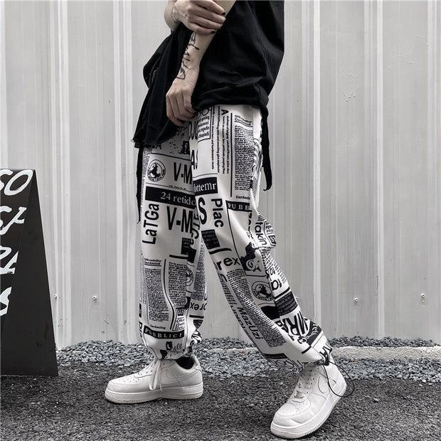 Retro hip-hop bomb street newspaper full-print wide-leg trousers