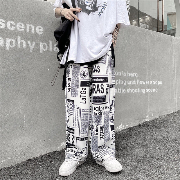 Retro hip-hop bomb street newspaper full-print wide-leg trousers