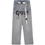 High street printed letters light-colored ripped jeans thin section trendy brand loose hip-hop retro trousers men