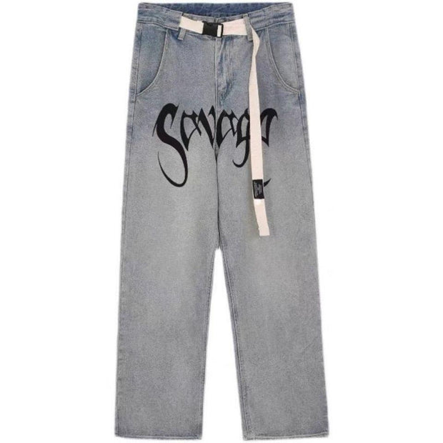 High street printed letters light-colored ripped jeans thin section trendy brand loose hip-hop retro trousers men