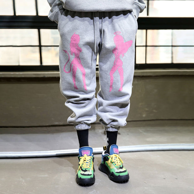 Street style pink angel devil print casual trousers