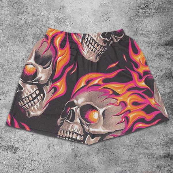 Skull and Flame Print Elastic Shorts