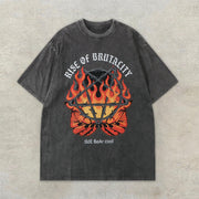 Vintage Distressed Flame Demon Print Short Sleeve T-Shirt