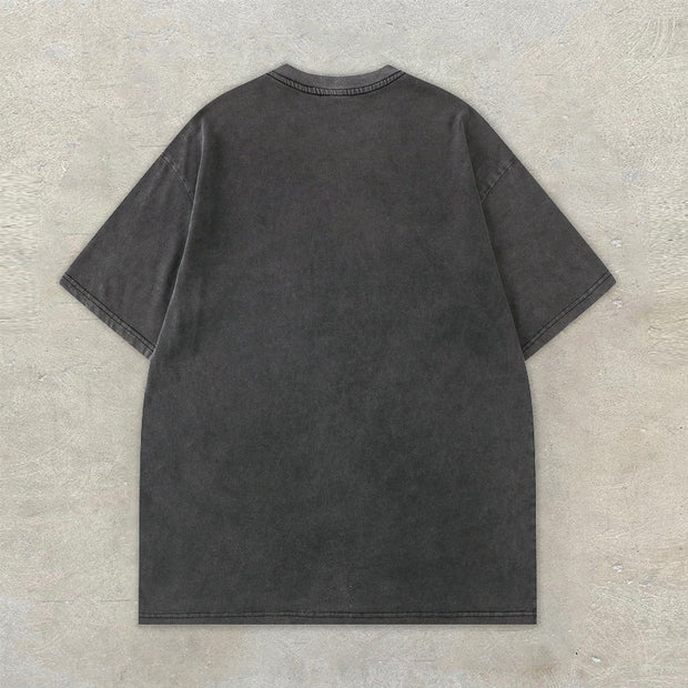 Vintage Distressed Flame Demon Print Short Sleeve T-Shirt