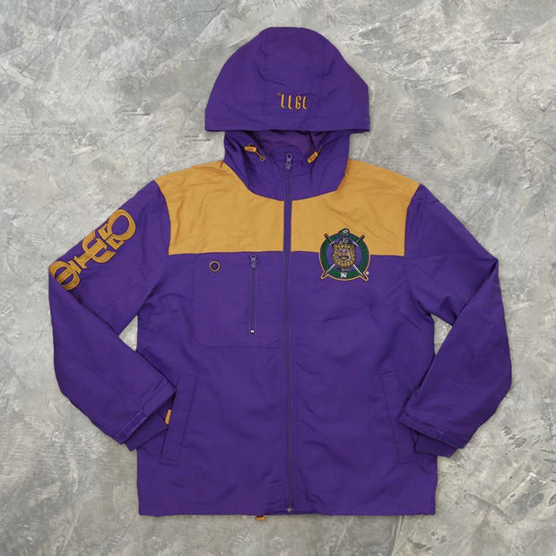 College style purple hooded windbreaker jacket