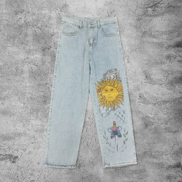 Casual retro sun butterfly knife jeans