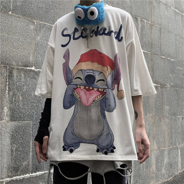 Street style cartoon print hip-hop loose short sleeve T-shirt